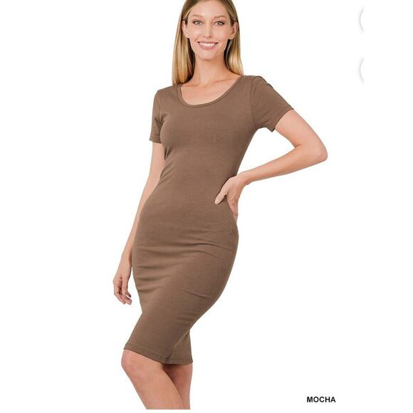 Zenana Women’s Small Mocha Bodycon Midi Dress | Clean Girl Minimalist Chic - Picture 10 of 11